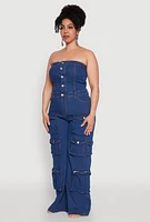Womens Plus Daisy Strapless Cargo Denim Jumpsuit, Blue,