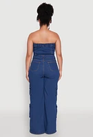 Womens Plus Daisy Strapless Cargo Denim Jumpsuit, Blue,