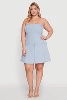 Womens Plus Daisy Strapless Denim Skater Dress, Blue,