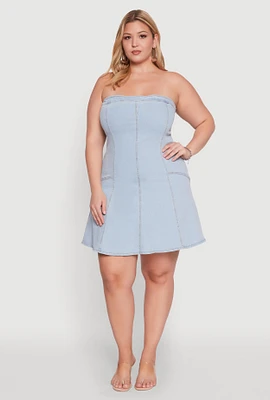 Womens Plus Daisy Strapless Denim Skater Dress, Blue,
