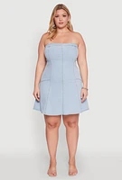 Womens Plus Daisy Strapless Denim Skater Dress, Blue,