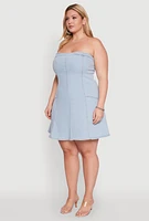 Womens Plus Daisy Strapless Denim Skater Dress, Blue,