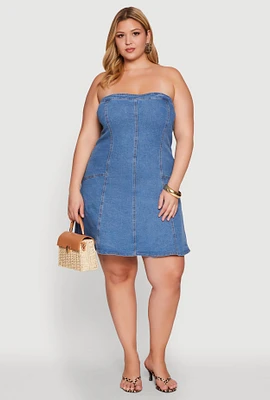 Womens Plus Daisy Strapless Denim Skater Dress, Blue,