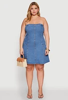 Womens Plus Daisy Strapless Denim Skater Dress, Blue,