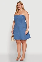 Womens Plus Daisy Strapless Denim Skater Dress, Blue,