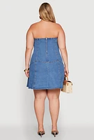 Womens Plus Daisy Strapless Denim Skater Dress, Blue,