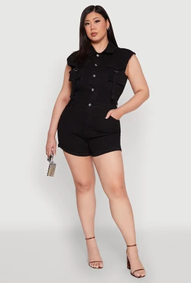 Womens Plus Daisy Cargo Pocket Denim Romper,