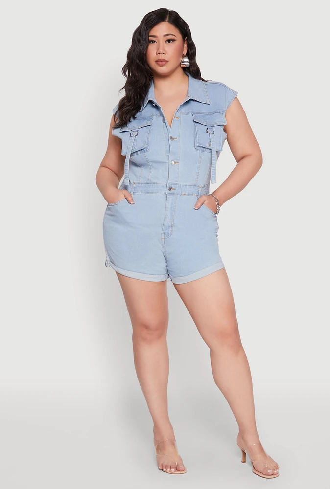 Womens Plus Size Daisy Cargo Pocket Denim Romper, Blue, Size 2X