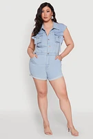 Womens Plus Size Daisy Cargo Pocket Denim Romper, Blue, Size 2X