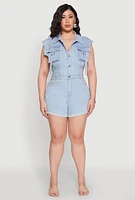 Womens Plus Daisy Cargo Pocket Denim Romper, Blue,
