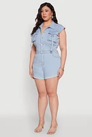 Womens Plus Size Daisy Cargo Pocket Denim Romper, Blue, Size 2X