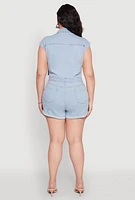 Womens Plus Size Daisy Cargo Pocket Denim Romper, Blue, Size 2X