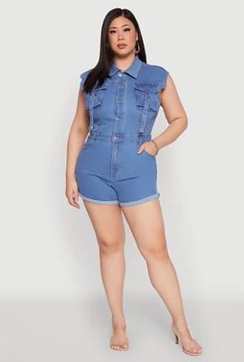 Womens Plus Size Daisy Cargo Pocket Denim Romper, Blue, Size 3X