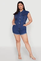 Womens Plus Daisy Cargo Pocket Denim Romper, Blue,