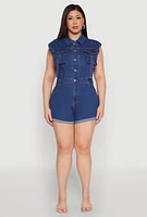 Womens Plus Daisy Cargo Pocket Denim Romper, Blue,