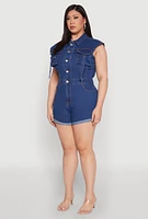 Womens Plus Daisy Cargo Pocket Denim Romper, Blue,