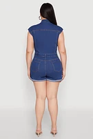 Womens Plus Daisy Cargo Pocket Denim Romper, Blue,