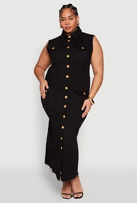 Womens Plus Daisy Denim Sleeveless Utility Maxi Dress, 2X