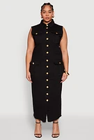 Womens Plus Daisy Denim Sleeveless Utility Maxi Dress, 2X