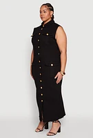 Womens Plus Daisy Denim Sleeveless Utility Maxi Dress,