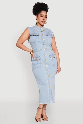 Womens Plus Size Daisy Denim Sleeveless Utility Maxi Dress, Blue, Size 2X