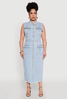 Womens Plus Size Daisy Denim Sleeveless Utility Maxi Dress, Blue, Size 2X