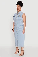 Womens Plus Size Daisy Denim Sleeveless Utility Maxi Dress, Blue, Size 2X