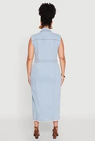 Womens Plus Size Daisy Denim Sleeveless Utility Maxi Dress, Blue, Size 2X