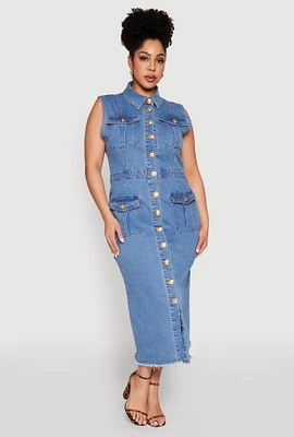 Womens Plus Size Daisy Denim Sleeveless Utility Maxi Dress, Blue, Size 1X
