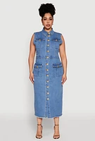 Womens Plus Size Daisy Denim Sleeveless Utility Maxi Dress, Blue, Size 1X