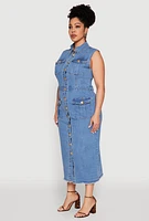 Womens Plus Size Daisy Denim Sleeveless Utility Maxi Dress, Blue, Size 1X