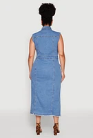 Womens Plus Size Daisy Denim Sleeveless Utility Maxi Dress, Blue, Size 2X