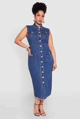 Womens Plus Size Daisy Denim Sleeveless Utility Maxi Dress, Blue, Size 1X