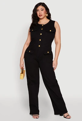 Womens Plus Size Daisy Sleeveless Button Front Denim Jumpsuit, Black, Size 3X