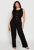 Womens Plus Size Daisy Sleeveless Button Front Denim Jumpsuit, Black, Size 3X