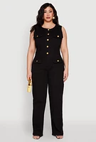 Womens Plus Size Daisy Sleeveless Button Front Denim Jumpsuit, Black, Size 3X