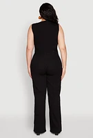 Womens Plus Daisy Sleeveless Button Front Denim Jumpsuit,