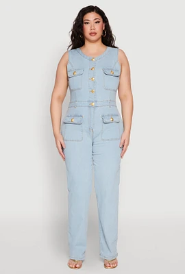 Womens Plus Daisy Sleeveless Button Front Denim Jumpsuit, Blue,
