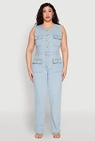 Womens Plus Size Daisy Sleeveless Button Front Denim Jumpsuit, Blue, Size 3X