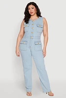 Womens Plus Size Daisy Sleeveless Button Front Denim Jumpsuit, Blue, Size 3X