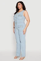 Womens Plus Size Daisy Sleeveless Button Front Denim Jumpsuit, Blue, Size 3X