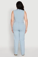 Womens Plus Size Daisy Sleeveless Button Front Denim Jumpsuit, Blue, Size 3X