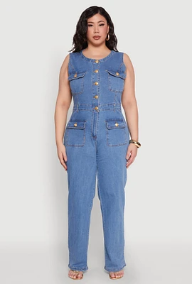 Womens Plus Daisy Sleeveless Button Front Denim Jumpsuit, Blue,