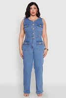 Womens Plus Daisy Sleeveless Button Front Denim Jumpsuit, Blue,