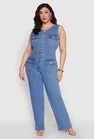 Womens Plus Daisy Sleeveless Button Front Denim Jumpsuit, Blue,