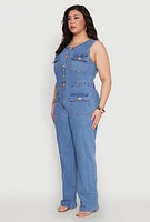 Womens Plus Daisy Sleeveless Button Front Denim Jumpsuit, Blue,