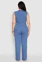 Womens Plus Daisy Sleeveless Button Front Denim Jumpsuit, Blue,