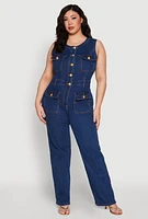 Womens Plus Daisy Sleeveless Button Front Denim Jumpsuit, Blue,