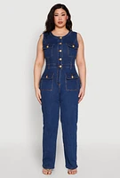 Womens Plus Daisy Sleeveless Button Front Denim Jumpsuit, Blue,