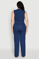 Womens Plus Daisy Sleeveless Button Front Denim Jumpsuit, Blue,